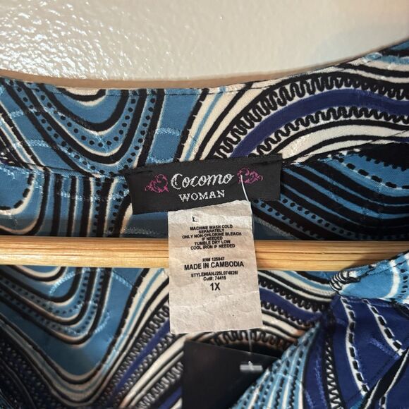 Cocomo Woman NEW Blue Wavy Geometric Blouse Pleated Top Sz 1X - Picture 3 of 10